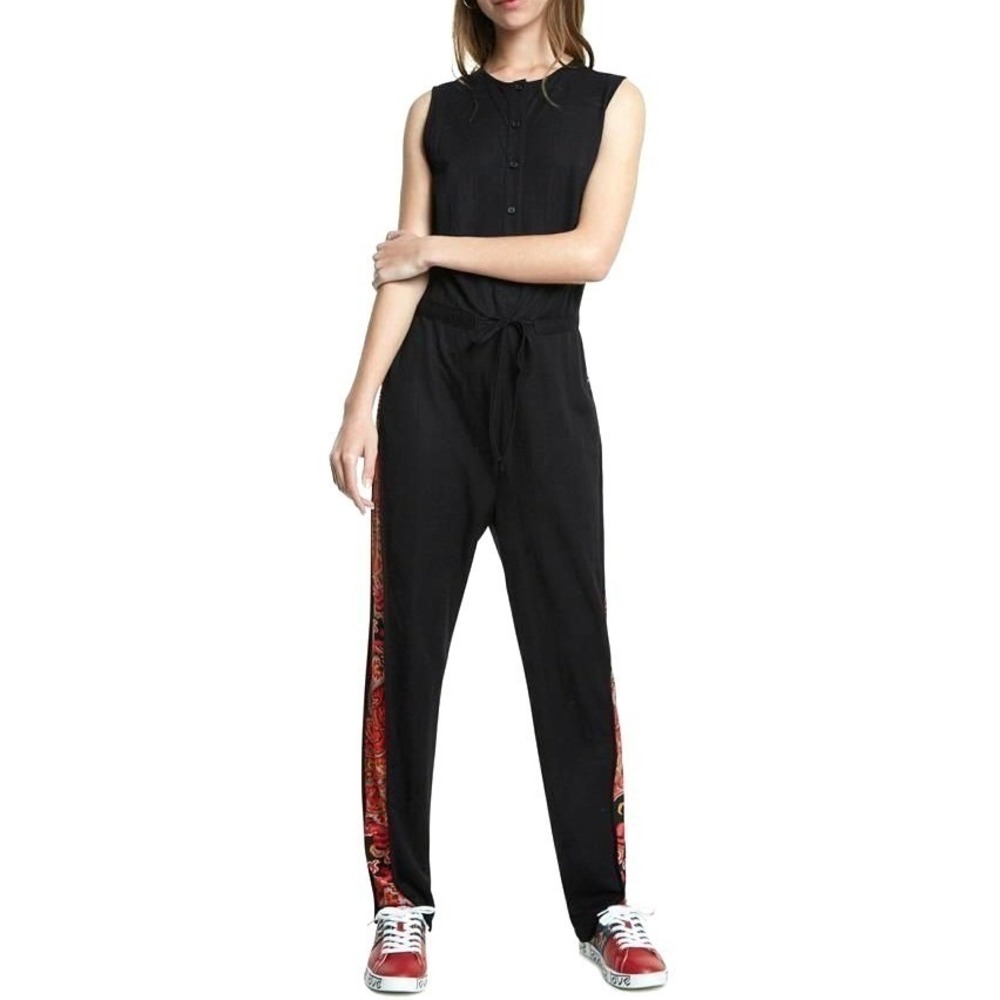 Desigual Black Jumpsuit Floral Side Stripe Sleeveless Casual Boho Sz M